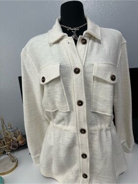 Sanctuary Cream Button-Front Utility Jacket with Front Flap Pockets